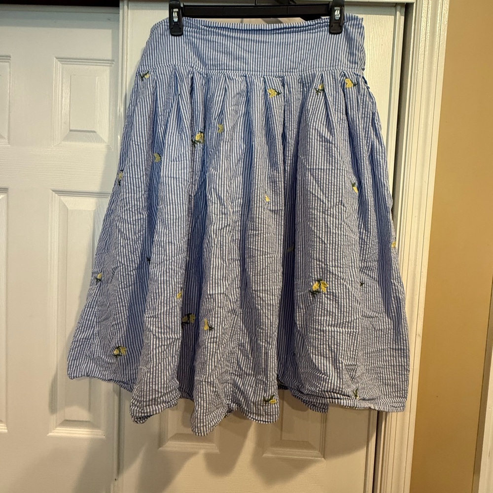 Blue Striped Skirt with Lemon Embroidery